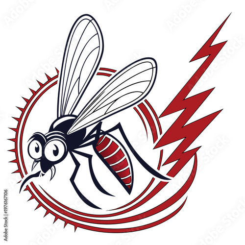 Foto Cartoon mosquito character vector illustration with angry eyes and lightning bolt element within circular frame for pest control business marketing