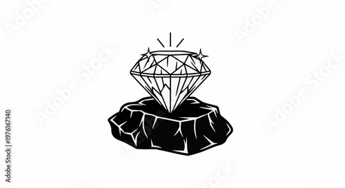 A black and white drawing of a faceted diamond resting on a piece of rough rock