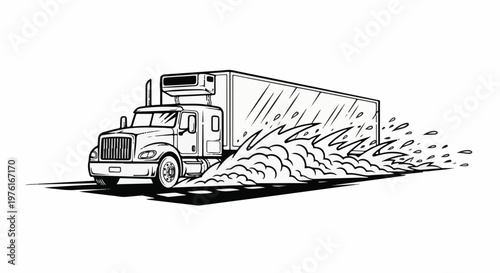 A black and white drawing of a large truck driving through water