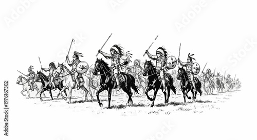 A group of warriors on horseback gallop across a grassy plain