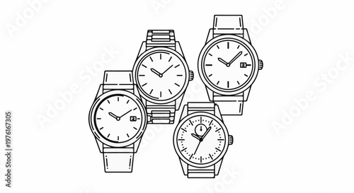 A group of four distinct wristwatches, depicted in outline style