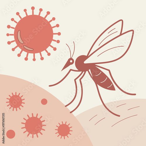 A mosquito biting human skin, surrounded by viruses, illustration of mosquito and infection, isolated on a white background.