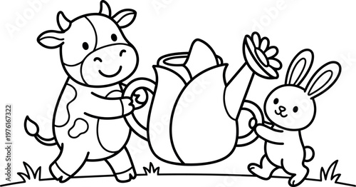 Black and white line art cow and bunny watering can with flower