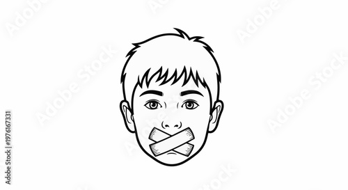 A close-up black and white illustration of a young boy's face with his mouth taped shut
