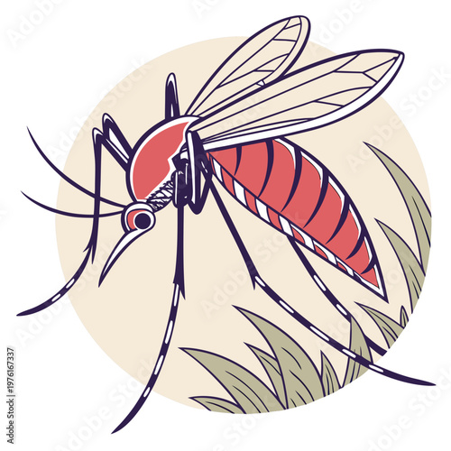 Hand drawn mosquito vector art standing on grass with detailed wings and striped abdomen over light circle background for pest control materials.