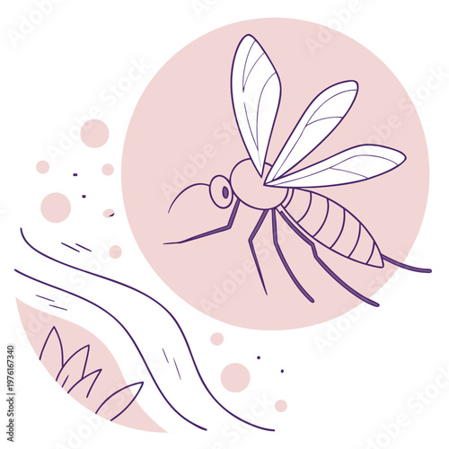 A mosquito flying in a circle, illustration of a mosquito and human skin, isolated on a white background, insect mosquito bug concept.