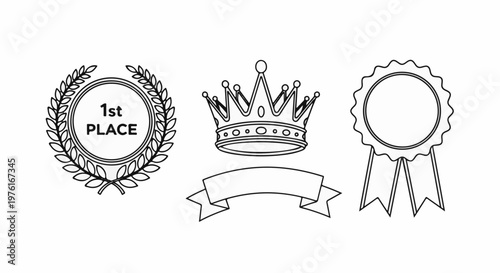 A black and white drawing of awards including a laurel wreath, crown, and ribbon