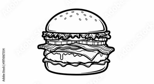 A detailed line drawing of a towering cheeseburger with many layers