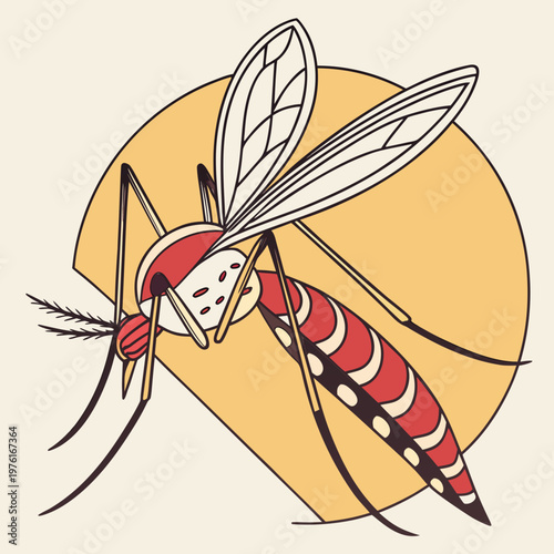 Stylized mosquito vector illustration with colorful red patterned body and large wings over yellow circle background for nature science designs.