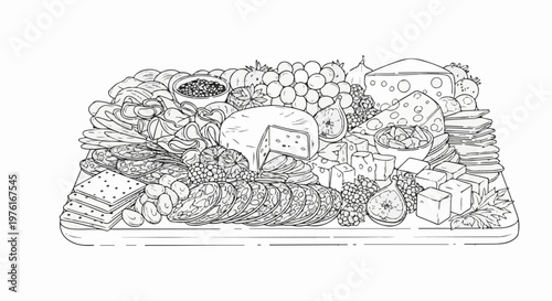 A detailed line drawing showcases a bountiful charcuterie board overflowing with various cheeses and meats
