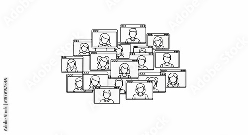 A cluster of digital video call windows displays diverse avatars of people