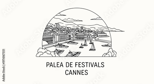 A black and white illustration depicts a coastal city with boats in the bay