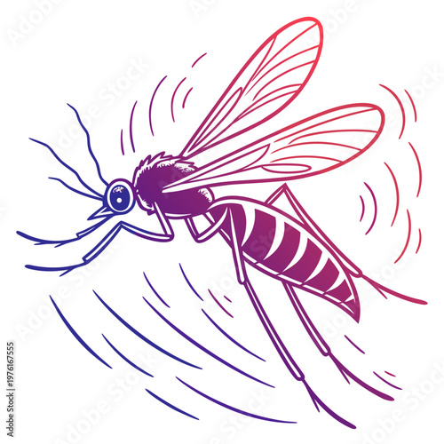 Stylized mosquito vector sketch with circular motion trails and purple to magenta gradient transition for creative insect and pest control designs.