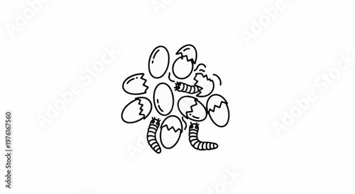 A cluster of cracked eggs and emerging worms drawn in a simple outline style