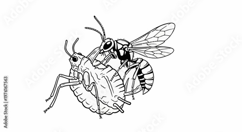 A black and white illustration depicts a predatory insect interacting with its prey