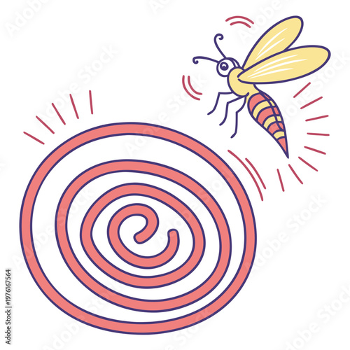 Mosquito flying near mosquito coil repellent smoke spiral with yellow wings and red stripes white background buzz lines.