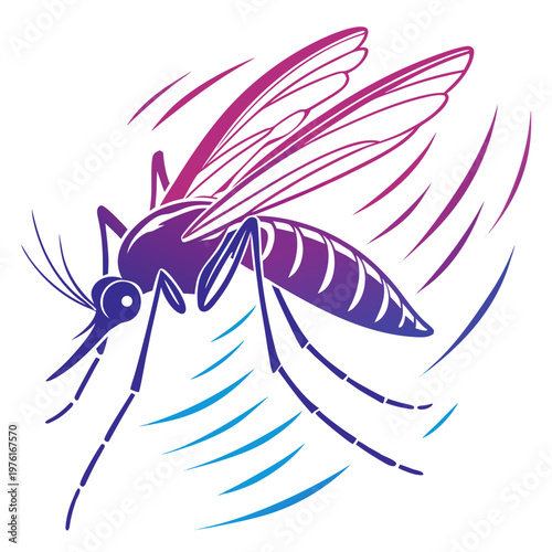 Flying mosquito vector art with motion lines and purple to blue color gradient for healthcare and environment awareness campaigns and illustrations.