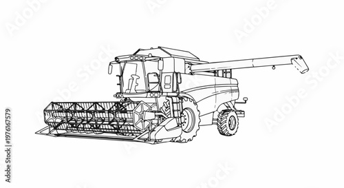 A detailed line drawing shows a large agricultural combine harvester machine