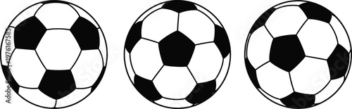 Title three black and white soccer balls in a row description a