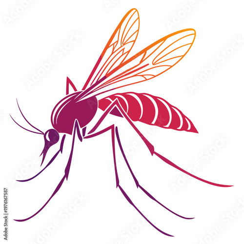 Minimalist mosquito vector illustration with vibrant orange to purple gradient isolated on white background perfect for health and nature design.