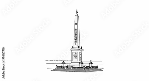 A detailed pen-and-ink sketch of an ancient obelisk with decorative carvings