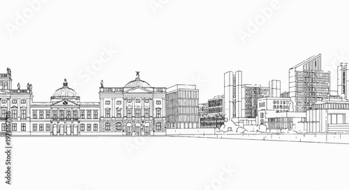 A detailed sketch of a city skyline featuring classical and modern architecture along a waterfront