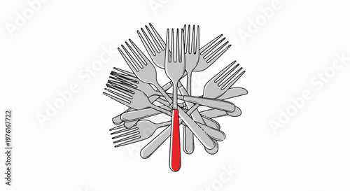 A cluster of silver forks, one with a red handle, forms a starburst