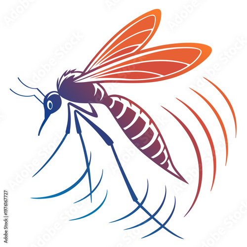 Mosquito vector illustration with buzzing sound waves and gradient colors isolated on white background for design elements.