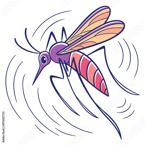 Cartoon mosquito illustration in flight with sound waves indicating buzzing sound vector graphic isolated on white background.