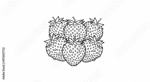 A cluster of six black and white strawberries with detailed seeds and leaves