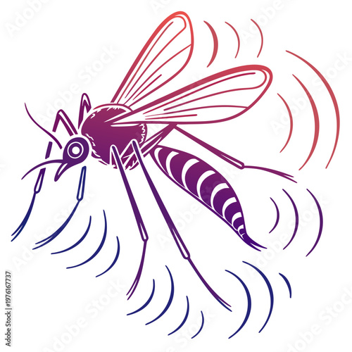 Gradient colored mosquito illustration with sound waves indicating buzzing sound vector graphic isolated on white background.
