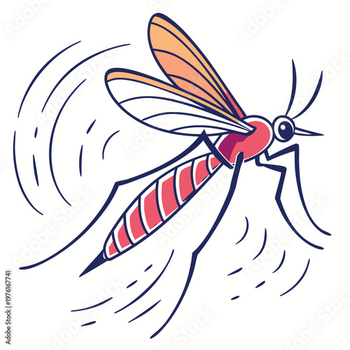 Playful mosquito vector drawing featuring orange and pink colors with bold blue outlines and dynamic motion strokes for use in educational materials.