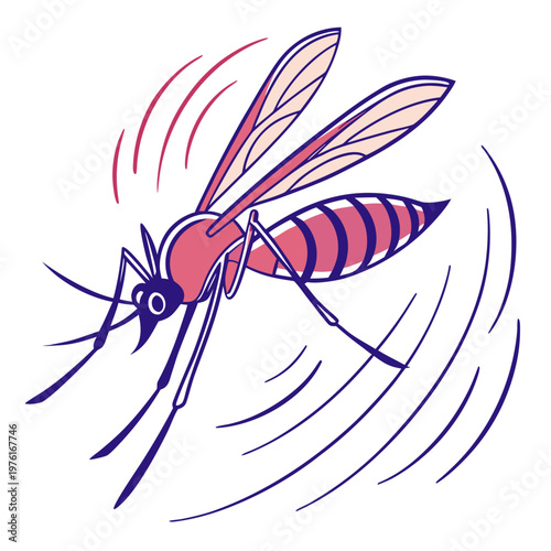 Cartoon mosquito character illustration with striped body and motion lines showing fast flight movement in a colorful hand drawn doodle style vector.