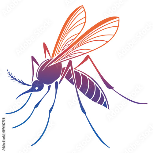 Stylized mosquito vector illustration with vibrant orange to blue gradient silhouette design showing detailed wing veins and sharp biting proboscis.