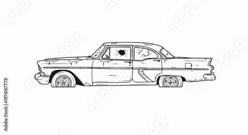 A hand-drawn illustration of a derelict vintage car with flat tires and broken windows