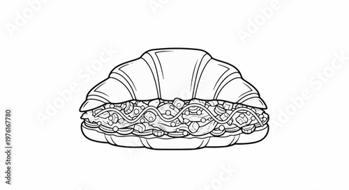 A black and white illustration of a croissant sandwich filled with pasta and various ingredients