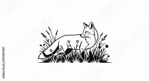 A black and white illustration of a fox in tall grass with small flowers