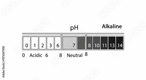 A diagram illustrates a pH scale with numbered boxes from 0 to 14 and labels