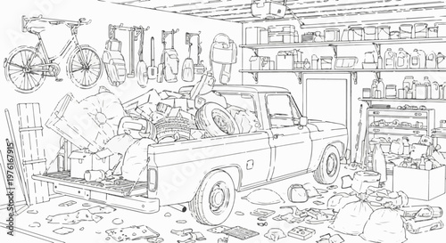 A cluttered garage filled with a pickup truck loaded with junk and items scattered around