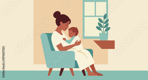 Mother hugging baby in an armchair
