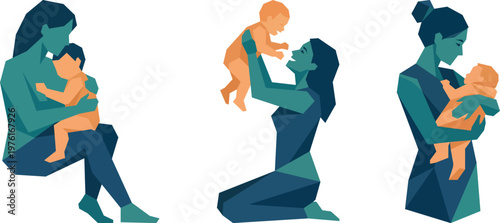 Geometric illustrations of mothers with babies