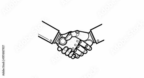 A black and white illustration of a handshake between a human and a robot