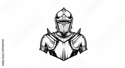 A black and white illustration of a knight's armor, focusing on the helmet and chest plate