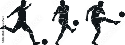 Three silhouettes of soccer players kicking