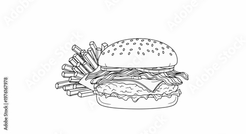 A black and white illustration of a large, stacked hamburger with french fries
