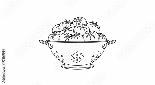 A colander overflows with freshly picked ripe tomatoes, a simple line drawing