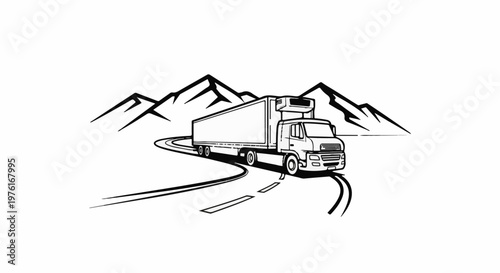 A black and white illustration of a large truck driving on a winding road with mountains in background