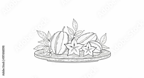 A hand-drawn outline sketch of starfruit arranged on a wooden platter with leaves