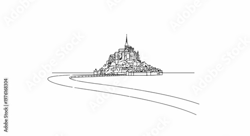 A dramatic sketch of a medieval island fortress, its spires reaching skyward