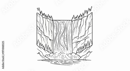 A dramatic waterfall plunges down a sheer cliff face into churning water